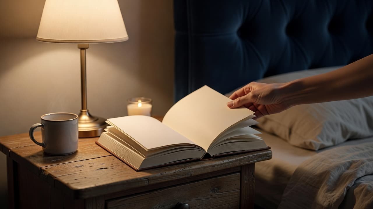 A single hand rests a hardcover book onto a dark wooden nightstand near a glowing lamp. The warm ambient light casts soft shadows across the quiet, cozy bedroom setting during nighttime.