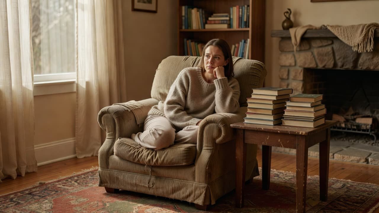 A woman sits slumped in a plush armchair, gazing blankly at a side table stacked with unread books. Soft golden sunlight fills the cozy, warm living room setting during the afternoon.