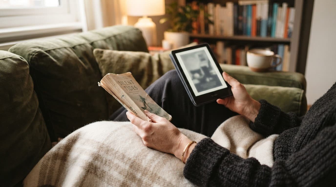Hands hold an e-reader and paperback book on a cozy sofa.