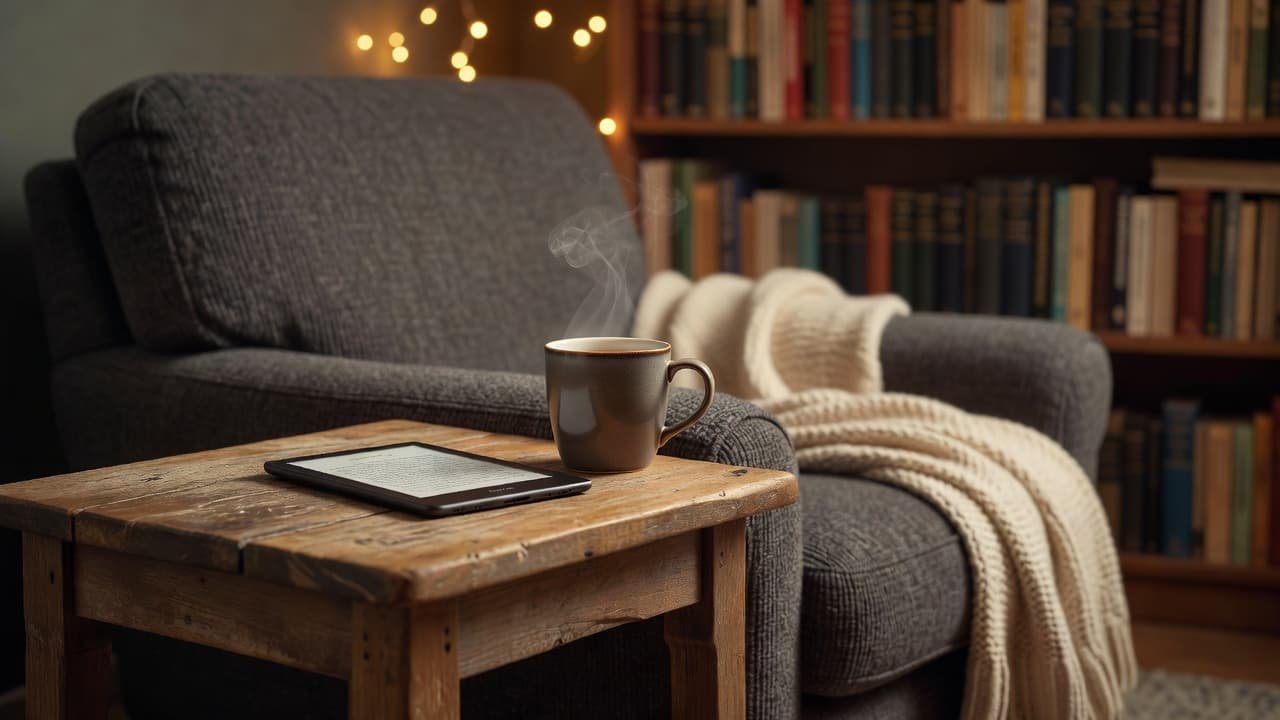 An e-reader and a steaming mug of tea sit on a wooden side table.