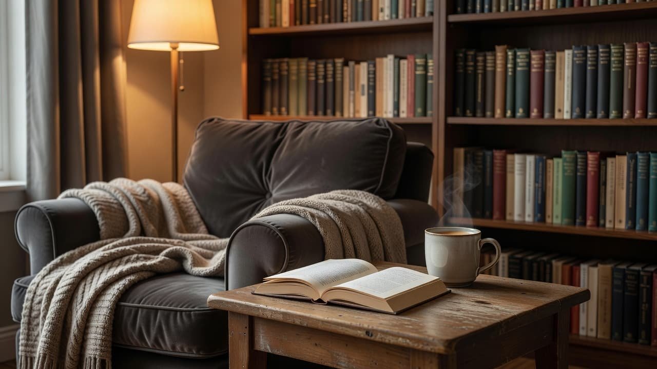 An open book and hot coffee on a wooden table next to a comfortable chair.