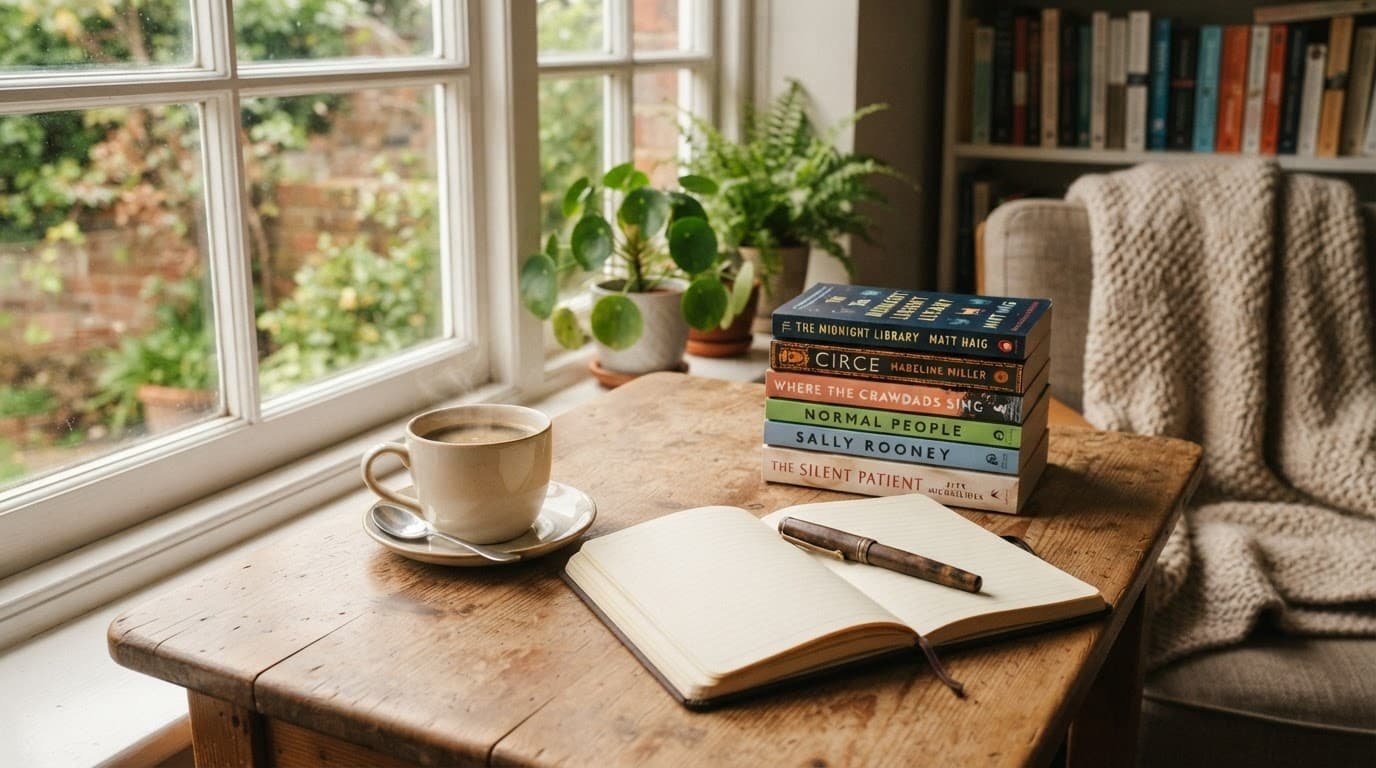 Books, an open journal, and coffee sit on a wooden table in soft morning light.