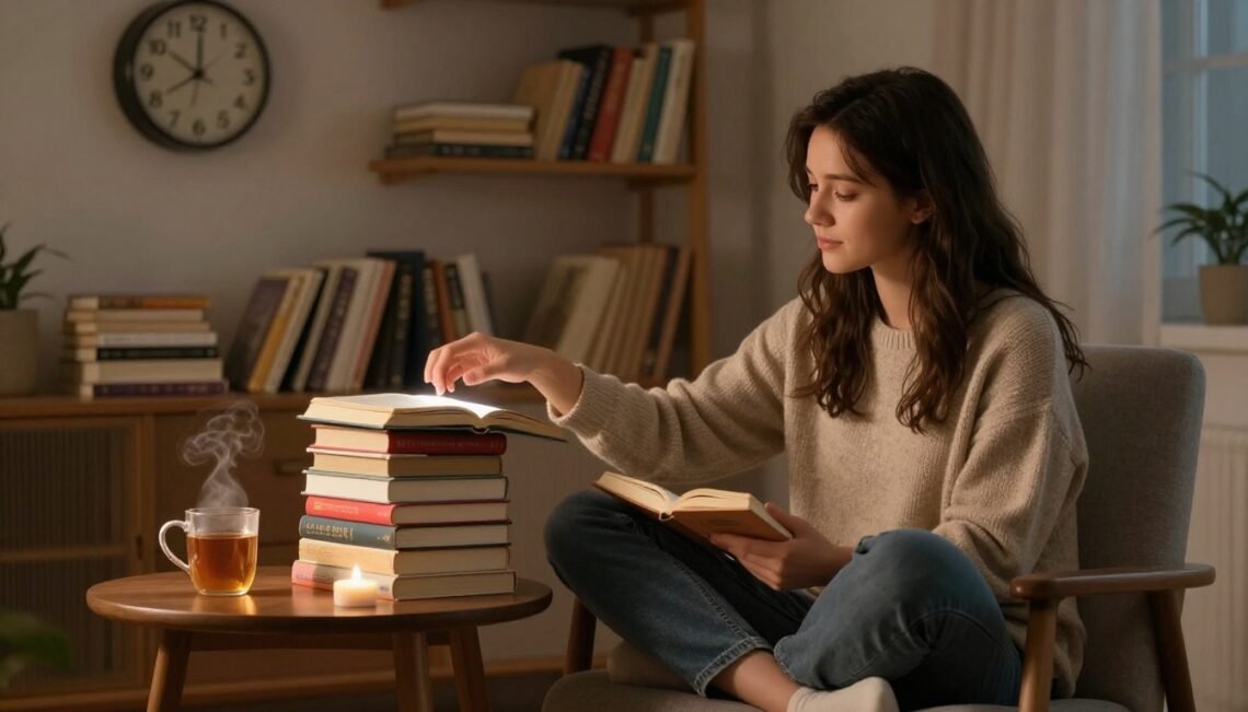 Woman choosing a book beside tea and a candle in a cozy living room.