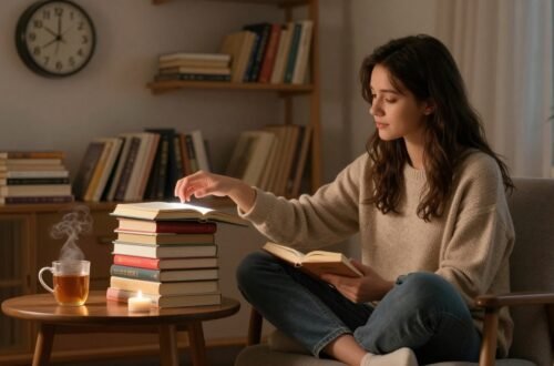 Woman choosing a book beside tea and a candle in a cozy living room.