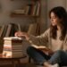 Woman choosing a book beside tea and a candle in a cozy living room.