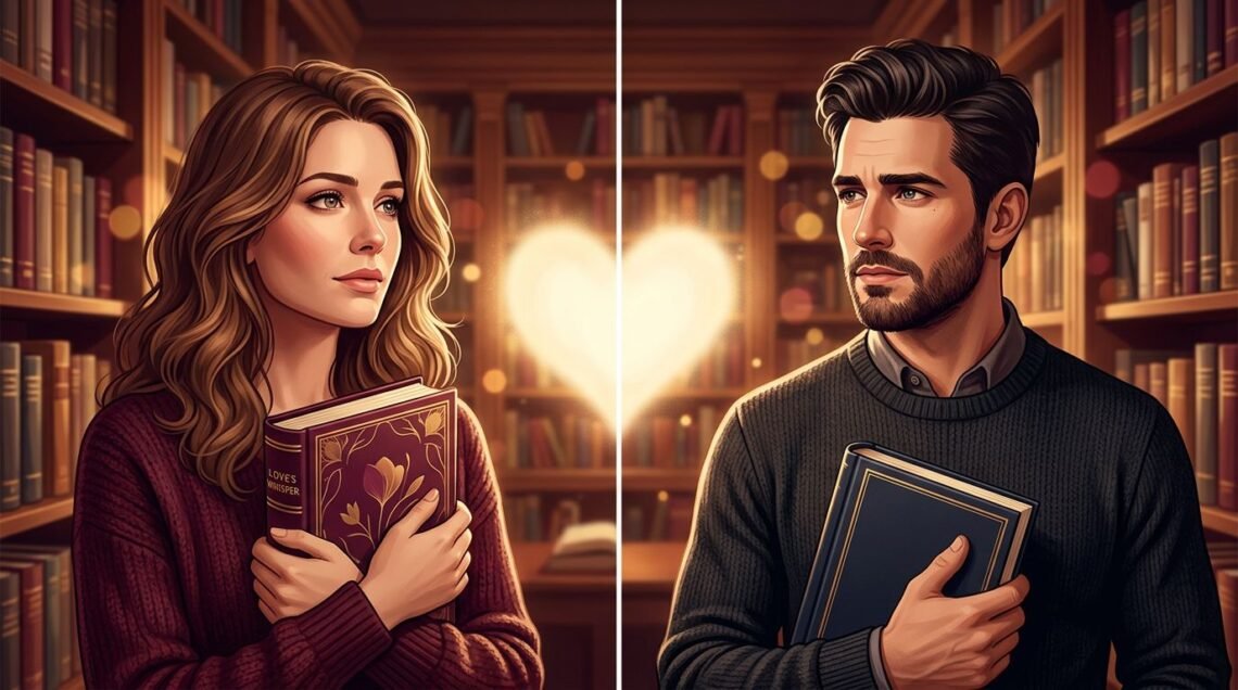 A split image of a woman and a man holding books in a library.