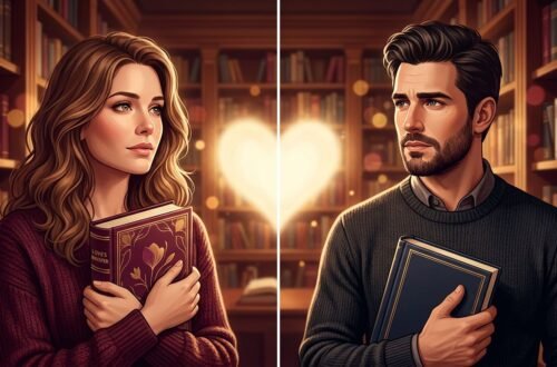 A split image of a woman and a man holding books in a library.