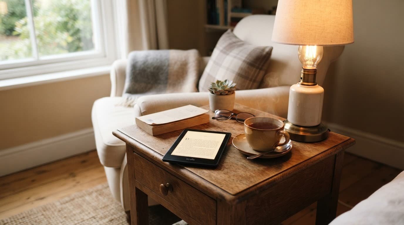 An e-reader, tea, and lamp sit on a wooden bedside table in soft morning light.