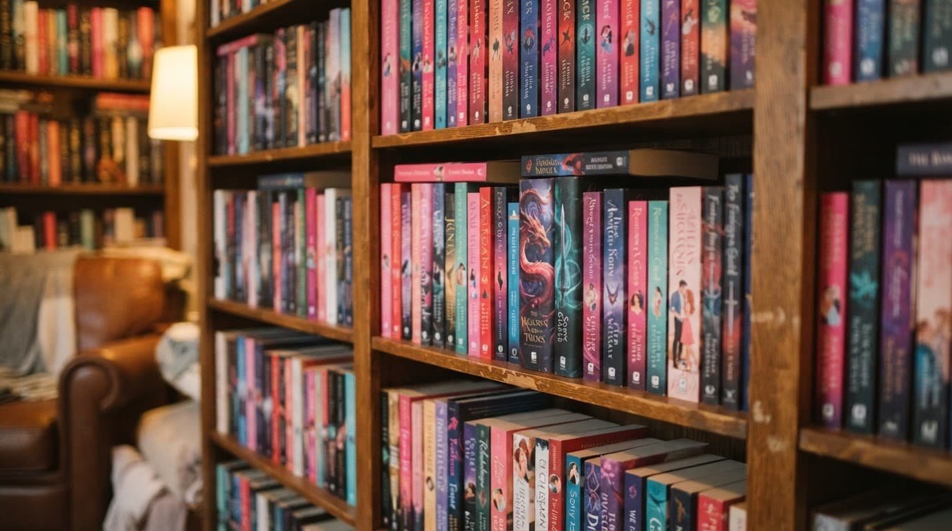 Colorful romance and fantasy books fill a wooden shelf in a warm home library.