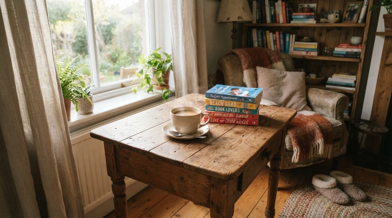 A coffee mug and colorful romance novels sit on a rustic wooden table.