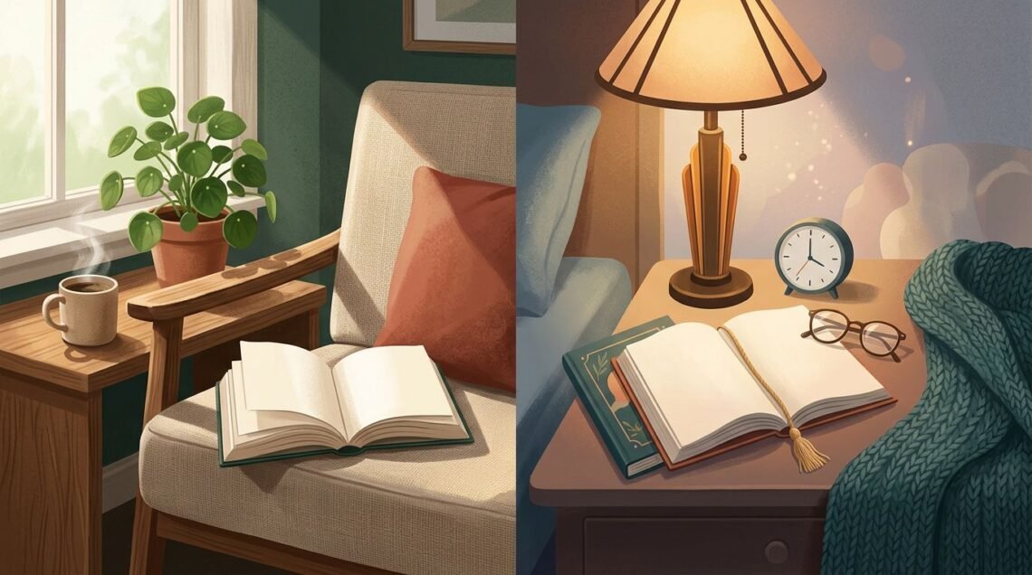 Two open books sit in separate cozy reading spaces, one by daylight and one beside a warm lamp.
