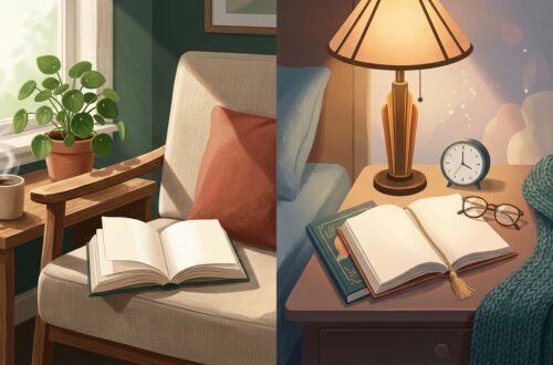 Two open books sit in separate cozy reading spaces, one by daylight and one beside a warm lamp.