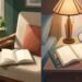 Two open books sit in separate cozy reading spaces, one by daylight and one beside a warm lamp.