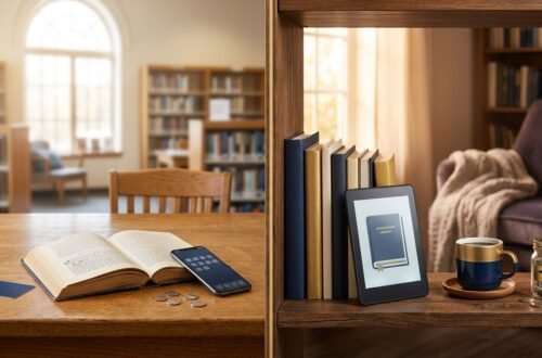 A library setup contrasts with a cozy nook featuring an e-reader, books, coffee, and a payment jar.