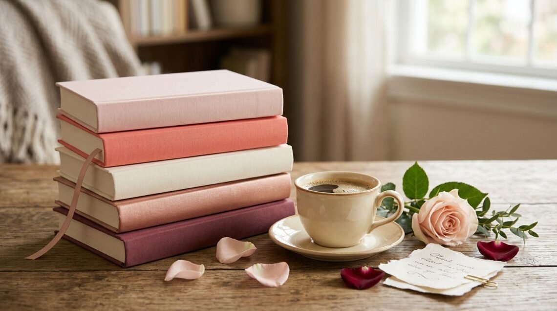 A stack of colorful romance books sits beside coffee, a rose, notes, and heart-shaped petals.