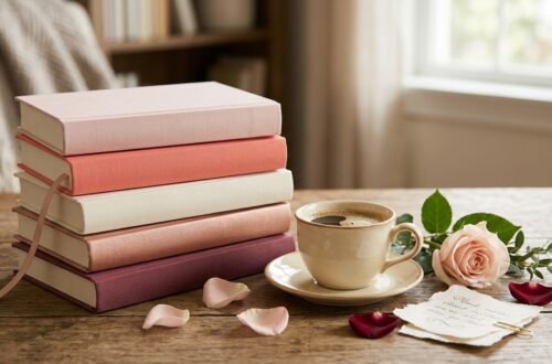 A stack of colorful romance books sits beside coffee, a rose, notes, and heart-shaped petals.