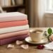 A stack of colorful romance books sits beside coffee, a rose, notes, and heart-shaped petals.
