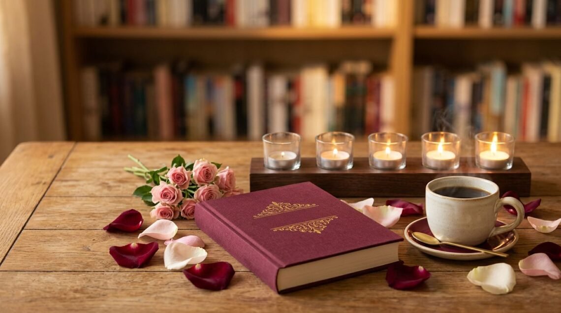 A romance novel, coffee, rose petals, and five glowing candles on a warm bookshelf backdrop.