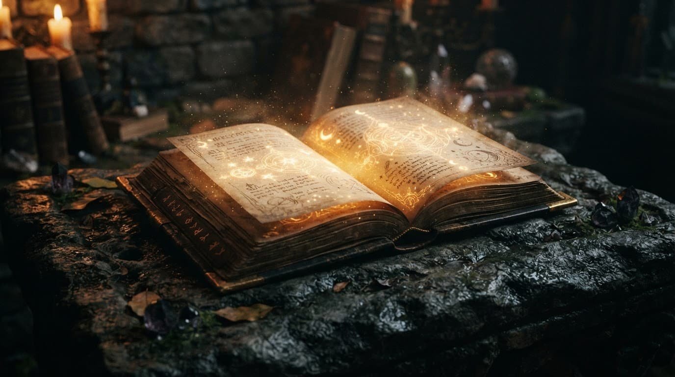 An open fantasy book glowing gold on a dark stone surface.