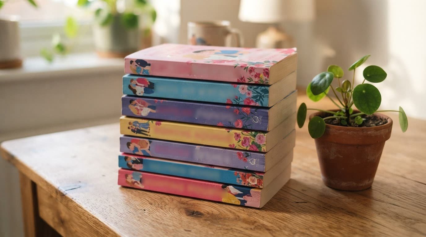 Colorful romance paperbacks sit beside a small plant on a wooden desk.