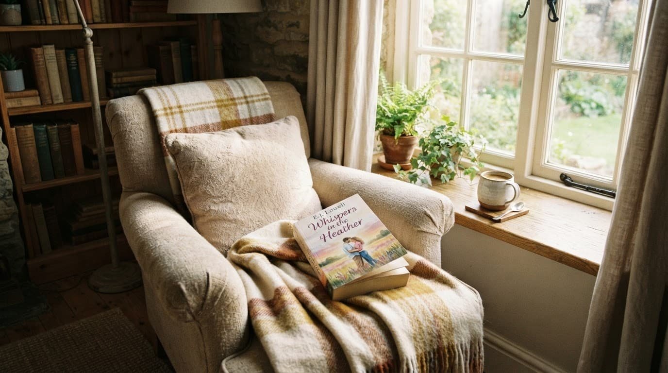 An open romance book rests on a plush armchair in a sunny reading nook.