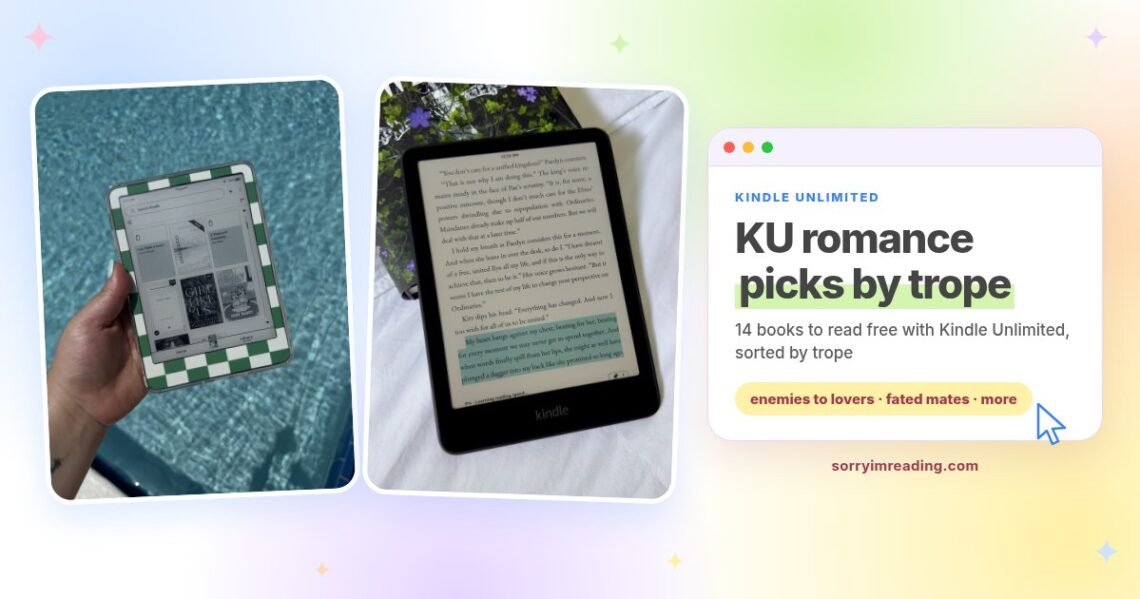 Kindle e-readers by a pool and on a bed with the text KU romance picks by trope